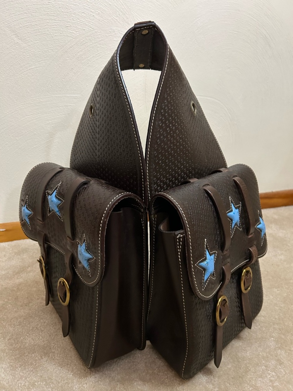 Leather Saddle Bags with Star Design & Gold Hardware 43” Long